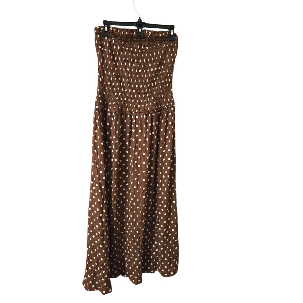 Sim & Sam Chocolate Brown Polka Dot Maxi Dress Smocked Convertible Straps M NWT - Picture 2 of 11